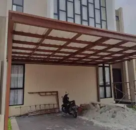 Canopy tiang gawang atap alderon double layer rangka tunggal modern