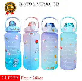 Botol Minum Viral 2 Liter Sticker 2D 3D Tutup Flip