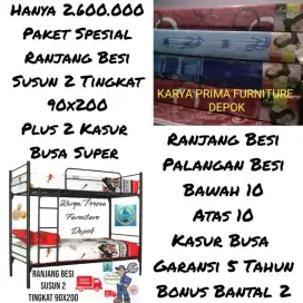 Ranjang besi susun 2 tingkat 90x200 plus kasur busa super BONUS BANTAL