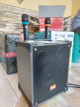 Speaker aktif portable gmc 8 in
2 mic wireless sudah termasuk