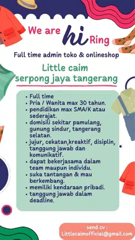 Dicari admin toko & online shop