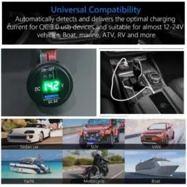 USB Charger Mobil Motor Lainnya Universal Plus Voltmeter Tombol On-Off