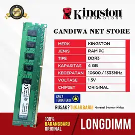 Ram Longdimm 4GB DDR3 PC 10600 Kingston New