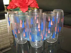 6 GELAS mungil dgn gambar SEGI-3 biru-orange jadul