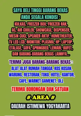 SIAP TERIMA BARANG BEKAS KULKAS, FREEZER, SHOWCASE, MESIN CUCI, TV DLL