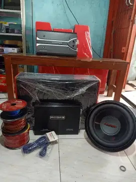 Paket audio mobil subwoofer dan power amplifier 4 Chanel plus pasang