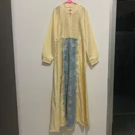 Gamis pesta kuning pastel brukat tebal