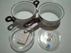 Set Panci Enamel dengan Handle dan Gagang + Tutup Kaca Tempered glass
