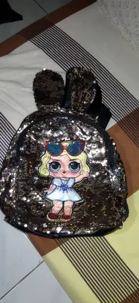 Tas anak fancy LOL brown sequins manik balik beda warna