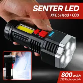 Tanje senter LED USB rechargeable Flashlight xpe 5 head +cob 800mah