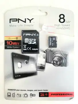 PNY MicroSDHC 8 GB Memory Card + SD Adapter Professional - New