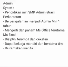 Dicari Staff admin untuk penjualan