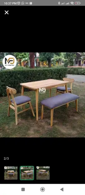 Meja makan kayu 2 kursi dan bench