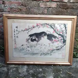 Lukisan kertas China tema babi menyusui
