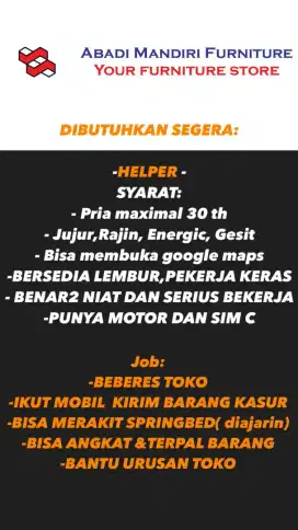 LOWONGAN HELPER / KENEK BARANG SEGERA