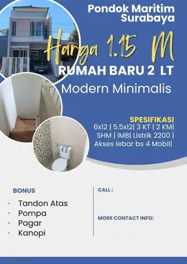 Rumah baru 2 lantai pondok maritim surabaya row jalan 4 mobil
