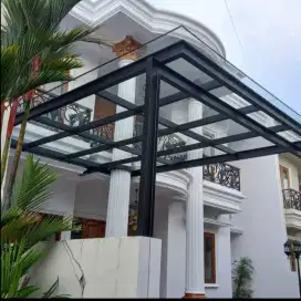 KANOPI ATAP KACA MINIMALIS  SPEK RANGKA HOLOW 4X8 TIANG WF 100