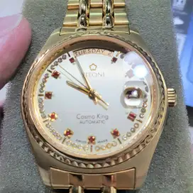JAM TITONI COSMO KING 777 DAYDATE STONE DIAL GOLD PLATED LENGKAP MULUS