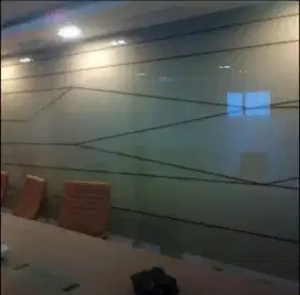 Kaca komplit pasang stiker sanblas dan kaca film pas utk kantor