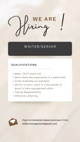 Dicari waiter/server dan kitchen staff untuk restoran di daerah sunter