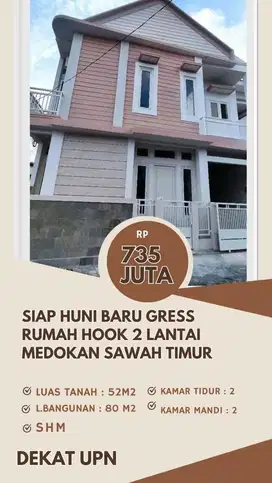 Siap huni dekat UPN??jual rumah hook 2 lantai baru medokan sawah timur