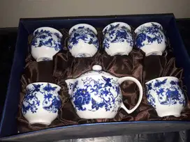 Tea Set Blue Flower Ceramic (P4D) 1 Teapot&Lid +6 Cup Teko Gelas Teh